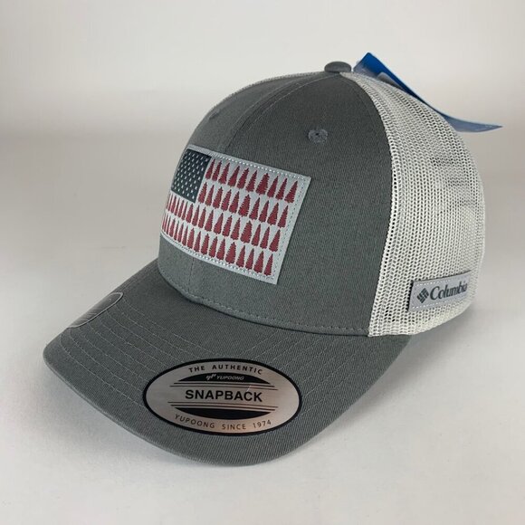 Columbia Sportswear Tree Flag Gray Snapback Trucker Hat New - Picture 1 of 5